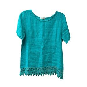 Terzo Millennio Shirt Teal 100% Linen Blouse Medium Top Italian Embroidered‎ CC7